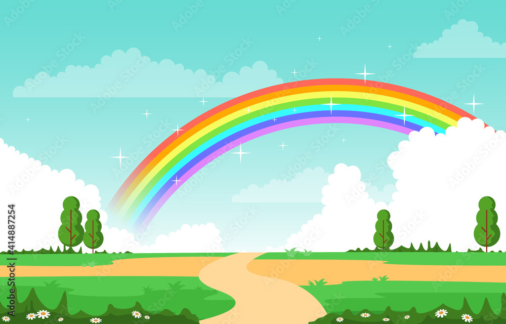 Beautiful Rainbow in Summer Nature Landscape Scenery Illustration