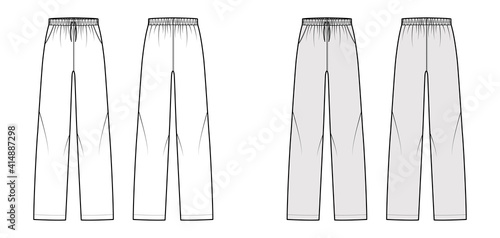 Pajama pants technical fashion illustration with elastic low waist, rise, full length, drawstrings, pockets. Flat trousers apparel template front, back, white grey color. Women men unisex CAD mockup