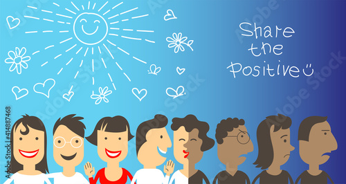 Vector illustration. A group of people in a chain shares positive things with each other. Smiles and good mood will make the world kinder. Human psychology concept