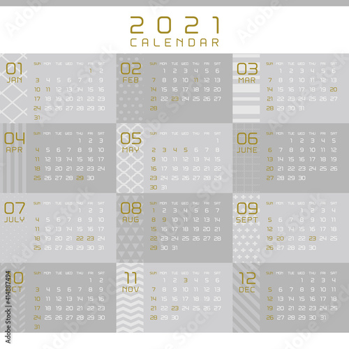 ※祝日改正版　2021年　モノトーンとゴールドのオシャレなカレンダー