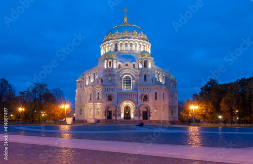 The Anchor Square and The Naval cathedral of Saint Nicholas with night illumination in Kronstadt. Saint-Petersburg © ojimoreno