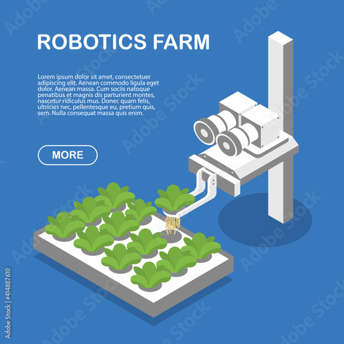 A robot checks a plant in an aeroponic setup on a vertical-growing robotic farm. Website page template concept.