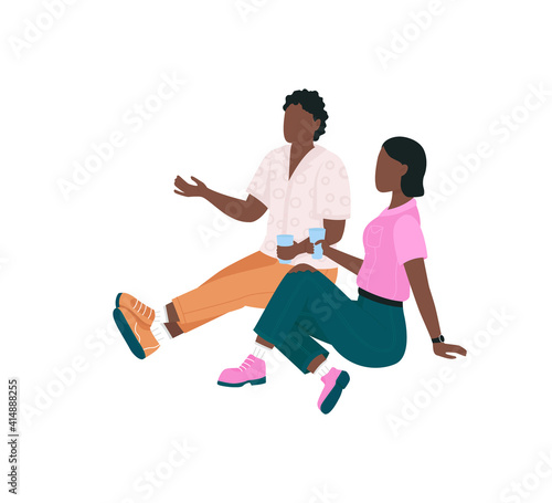 African american couple on picnic flat color vector faceless character. People sit, drink and talk. Outdoor spring recreation isolated cartoon illustration for web graphic design and animation