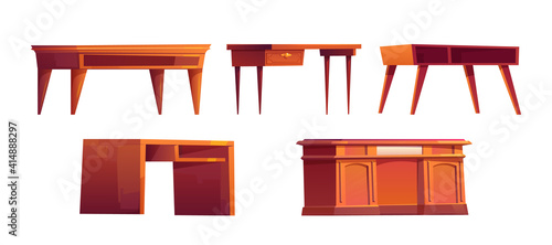 Empty wooden desks for work in office or home cabinet isolated on white background. Vector cartoon set of wood brown tables with drawers and shelves. Workspace furniture for job and study