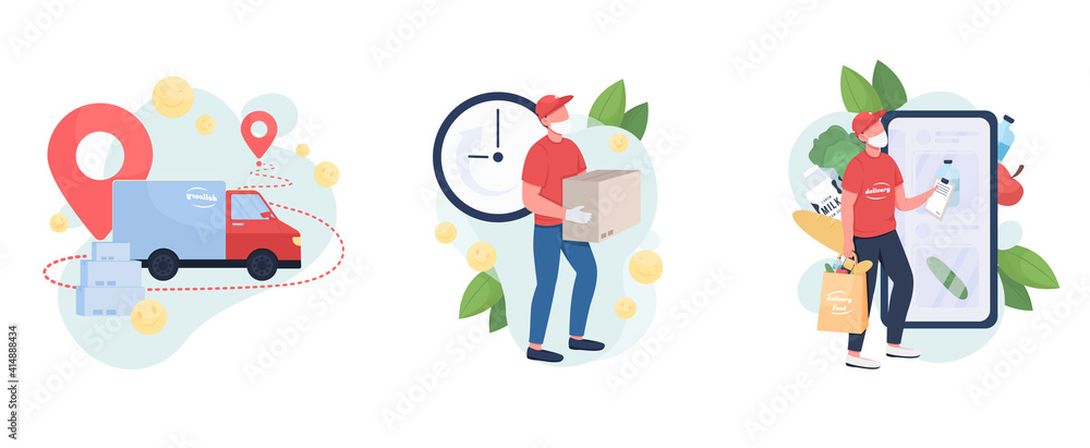 Fototapeta premium Package delivery flat concept vector illustration set. Mail facility providing courier to your doorstep 2D cartoon characters for web design. Covid safe letter delivery creative idea