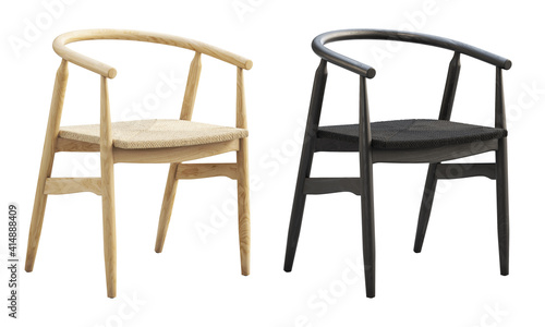 Mid-century wooden dining chairs with woven rope seat. 3d render.