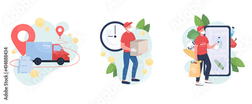Package delivery flat concept vector illustration set. Mail facility providing courier to your doorstep 2D cartoon characters for web design. Covid safe letter delivery creative idea