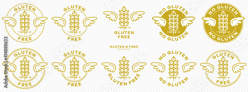 A set of conceptual stamps for packaging products. Labeling - gluten free. A stamp with wings is a symbol of liberation, freedom. Cereal spikelet flat icon and flowing ingredient line. Vector