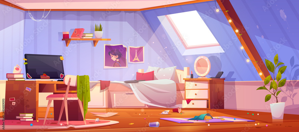 Messy girl bedroom on attic. Vector cartoon interior of mansard with dirty furniture and clothes, unmade bed and trash. Teenager room with chaos, unmade bed, mess and clutter