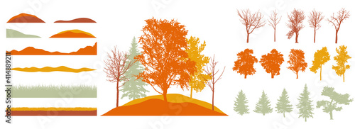 Constructor kit. Silhouettes of beautiful bare trees, birch, fir, other trees, grass, hill. Creation of autumn beautiful park, forest, landscape, woodland, collection of element. Vector illustration.