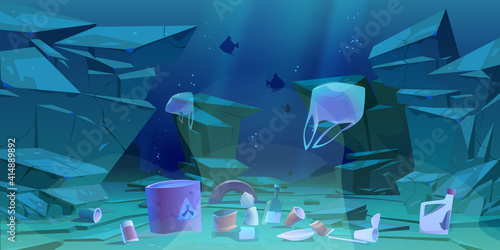 Plastic garbage on ocean bottom. Sea floor with different kinds of trash. Toxic wastes in barrel, bags floating in water. Ecology protection, underwater pollution concept, Cartoon vector illustration