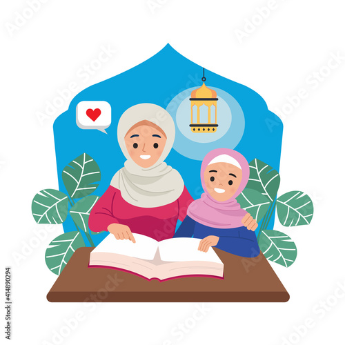 Young mother teaching her daughter to read quran. Islamic educational concept. Flat vector isolated.