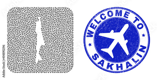 Vector collage Sakhalin Island map of air vehicle elements and grunge Welcome stamp. Collage geographic Sakhalin Island map constructed as carved shape from rounded square using air shippings.