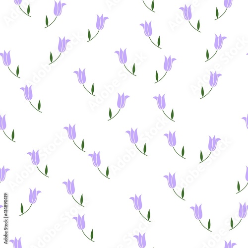 Seamless pattern with violet tulip, white background. Flat style vector