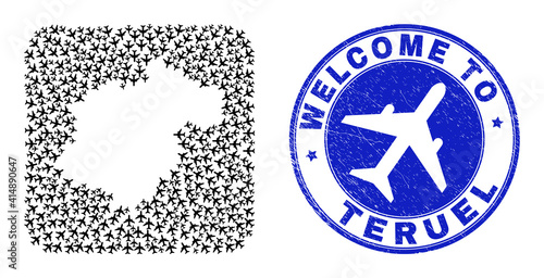 Vector mosaic Teruel Province map of airliner items and grunge Welcome seal stamp. Collage geographic Teruel Province map created as hole from rounded square with air trips.