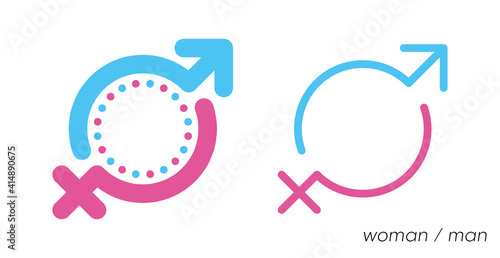 New men and women sign in round post field. The middle part of the male and female sign can be used as a writing area. Icon-logo set in blue and pink colors.