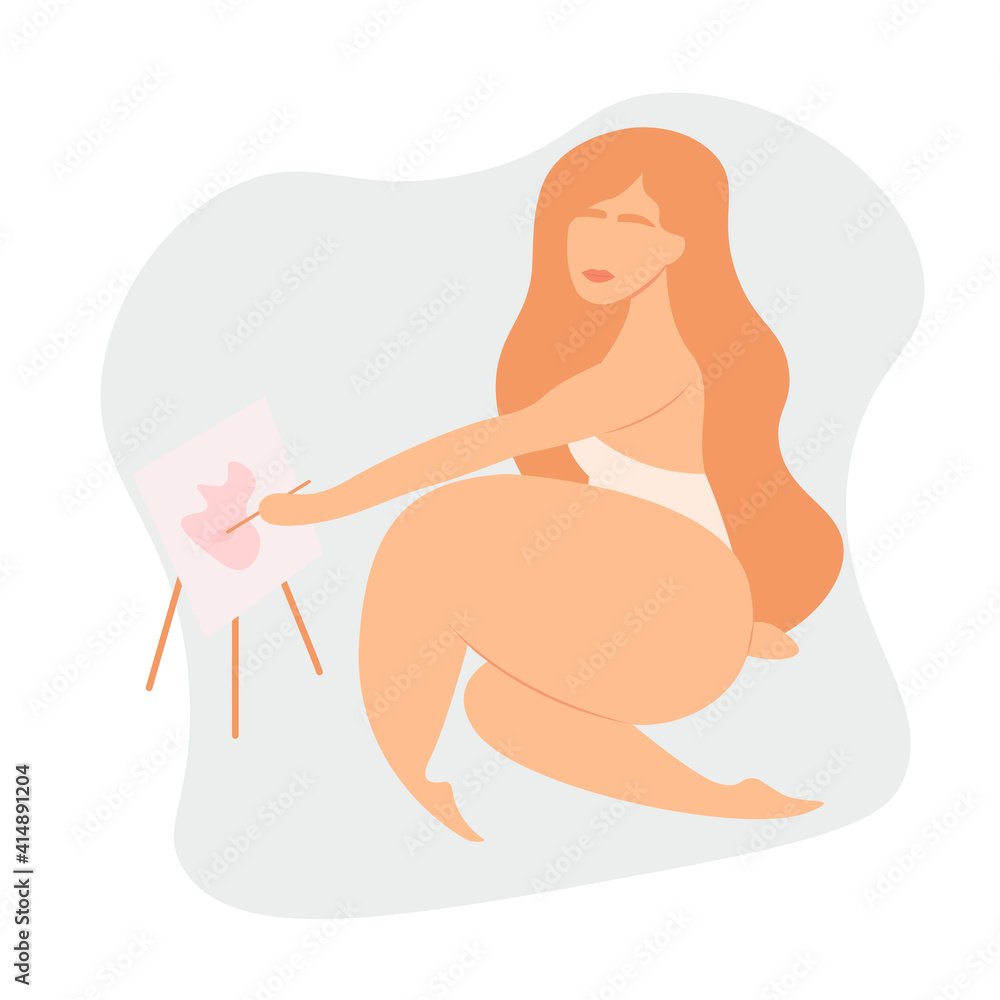 Body positive. Self-love. Love for your body. Woman paints on canvas. Hobby. Trendy vector illustration for websites, apps and print Body positive. Self-love. Love for your body. Woman paints on canvas. Hobby. Trendy vector illustration for websites, apps and print