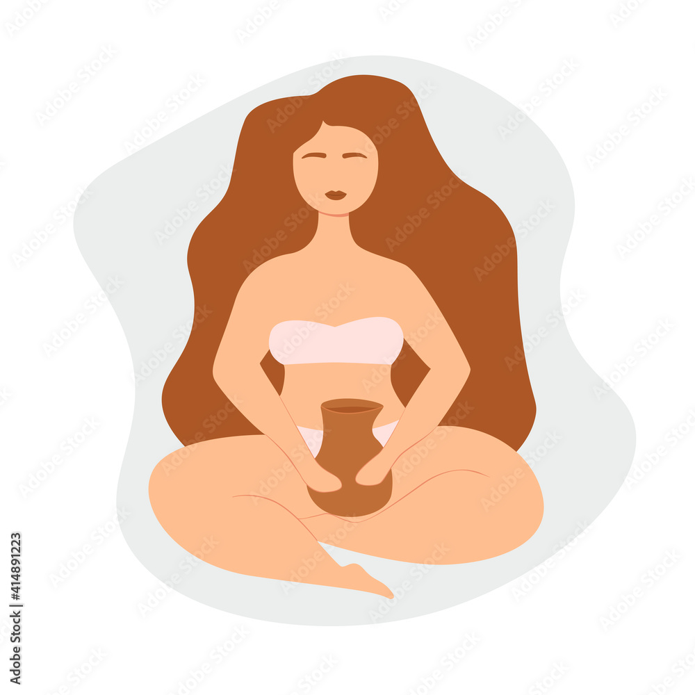 Body positive. Self-love. Love for your body. Woman with a jug. Trendy vector illustration for websites, apps and print Body positive. Self-love. Love for your body. Woman with a jug. Trendy vector illustration for websites, apps and print