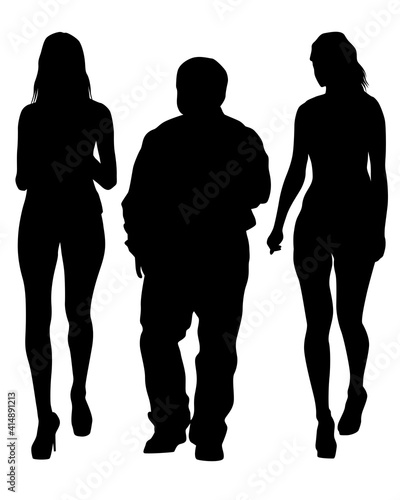 Young man and woman walking at street. Isolated silhouette on a white background