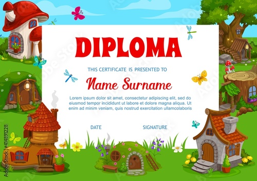 School diploma vector template with cartoon dwarf, gnome and fairy houses and fantasy buildings. Education kindergarten certificate with cute elf homes in forest. Preschool kids diploma, frame or gift
