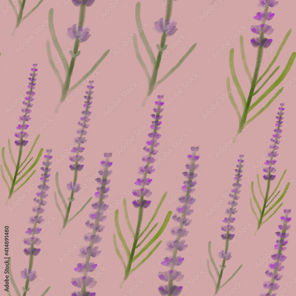 Watercolor lavender seamless pattern on pink background. print, linen, bedding, packaging, wallpaper, textile, kitchen, utensil design