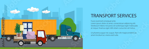 Road transport and logistics, truck and small cargo van with furniture drive on the road on the background of the city, transport services banner, vector illustration