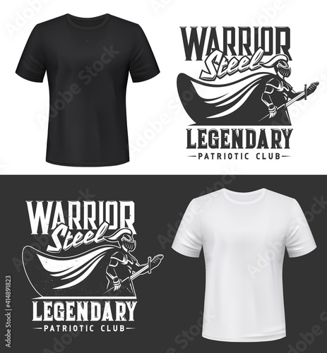 Knight warrior, armor sword and shield t-shirt print vector mockup, patriotic club emblem. Heraldic medieval knight man warrior with sword and shield armor, legendary steel fighter for t-shirt print