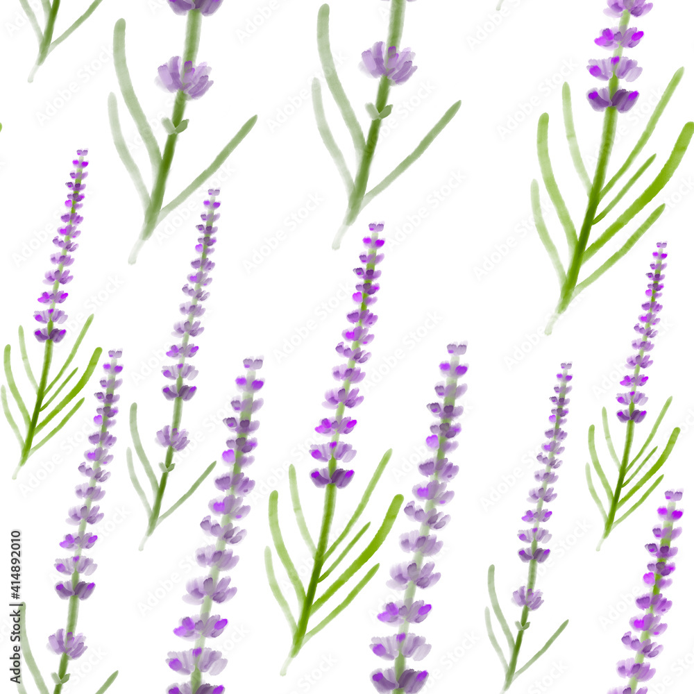 Fototapeta premium Watercolor lavender seamless pattern on white background. print, linen, bedding, packaging, wallpaper, textile, kitchen, utensil design