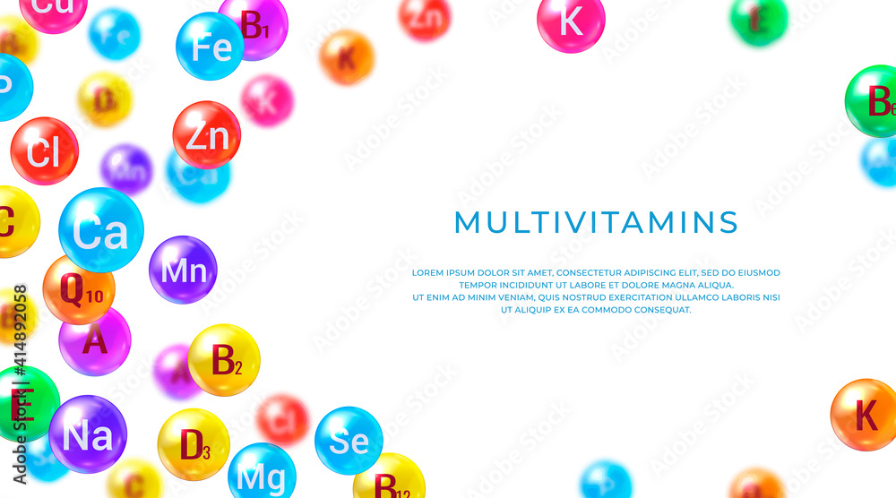 Essential vitamins and minerals. Multi Vitamin complex. Poster with