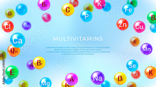 Essential vitamins and minerals. Multi Vitamin complex. Poster with different color glossy vitamin and mineral pills capsules...