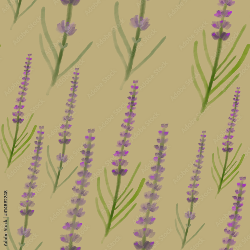 Watercolor lavender seamless pattern on beige background. print, linen, bedding, packaging, wallpaper, textile, kitchen, utensil design