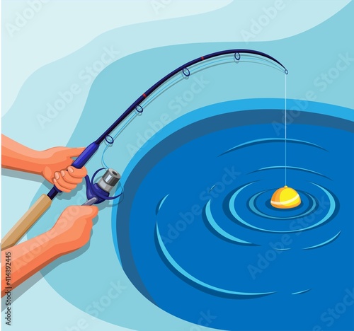 Hand hold fishing rod. fishing on ice hole in winter season concept in cartoon illustration vector