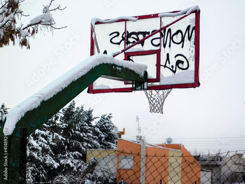 basketball hoop in the snow