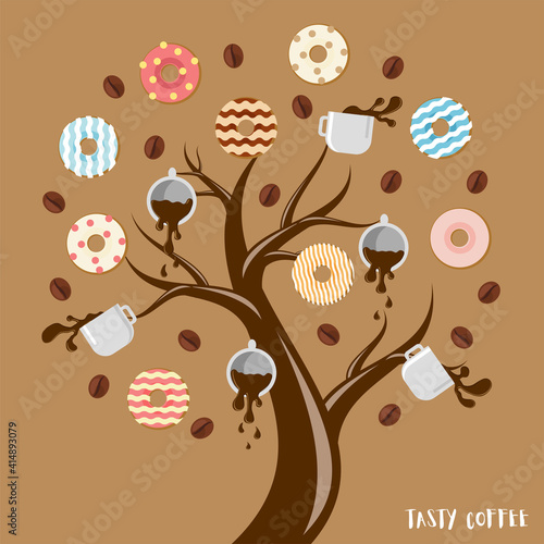 Vector illustration. 
All details on separate layers. Coffee and donuts tree. Fabulous drawing, donuts and coffee grow on tree branches. Silhouette of a tree without leaves. Can be used as illustratio