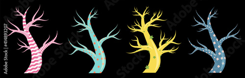 Vector illustration. Fabulous trees. All elements are on separate layers. Decorative branchy trees for the covers of fairy books. Striped, polka dots, square, unusual trunks and branches that can be m
