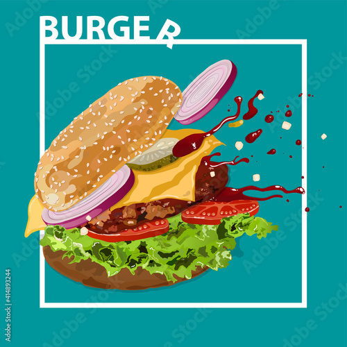 Vector hamburger falls. All elements are on separate layers. Fast food. 
Scatters, splashing on different sides. Breakdown into pieces. Fresh, tasty, isolated, any background. Use for postcards, signs