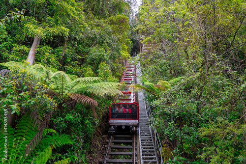 Scenic Railway at the Blue Mountains, Sydney Australia. World heritage Blue mountains with Scenic Railway moving around beautiful landscape.