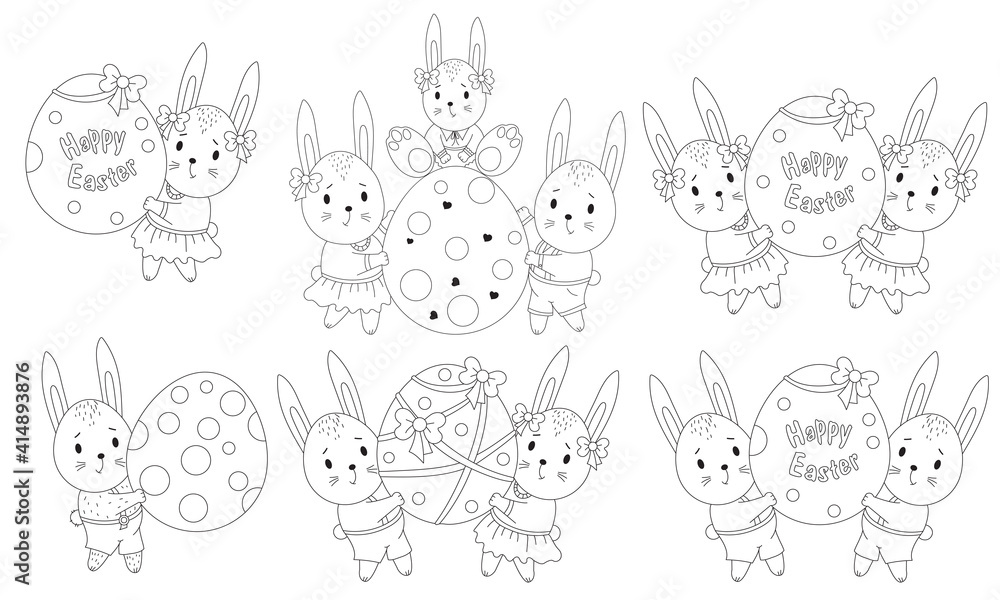 Set of Easter sketches with cute Easter bunnies and a large Easter egg. Animal family - a girl, a boy and a baby. Vector illustration. line, outline. decorative drawings for design Happy Easter Set of Easter sketches with cute Easter bunnies and a large Easter egg. Animal family - a girl, a boy and a baby. Vector illustration. line, outline. decorative drawings for design Happy Easter