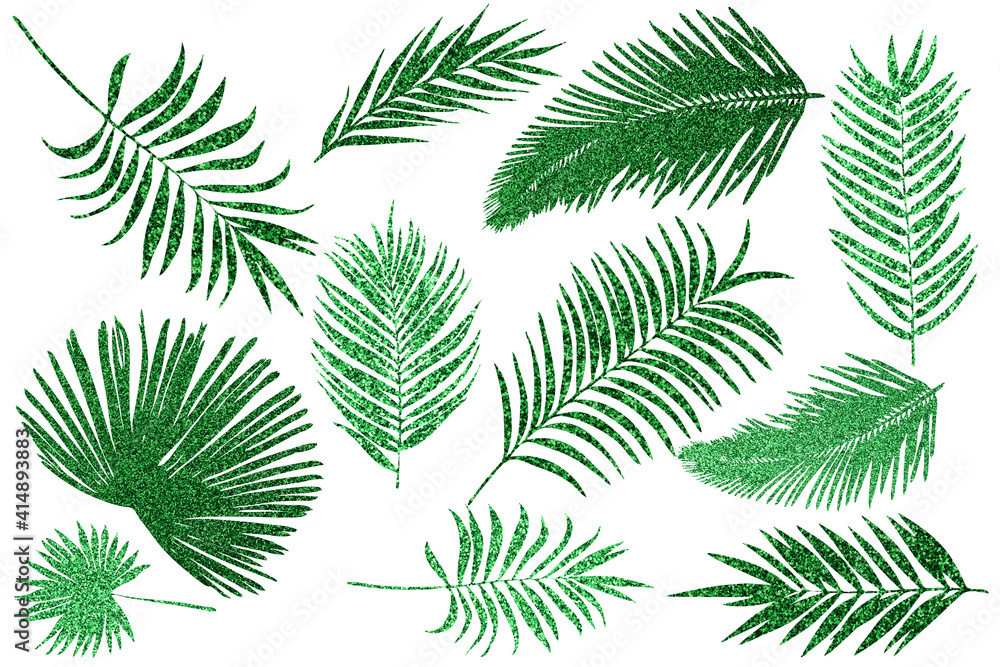 Tropic leaves with glitter texture. Universal silhouettes set on white background