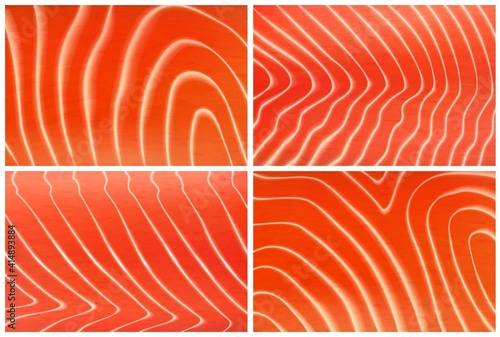 Salmon trout fish meat vector texture background set. Sushi or sashimi japanese food ingredient, graphic wallpaper, realistic raw salmon meat closeup. Orange textured fillet with white zigzag streaks