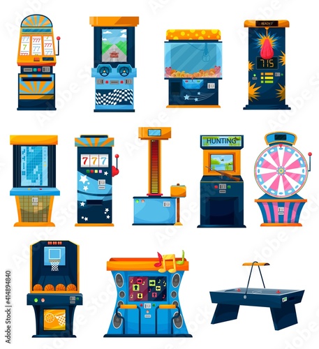 Game machines vector icons, cartoon lucky wheel, one armed bandit and slot machine, basketball, dance and riffle shooting. Casino or recreation family center attractions boxing punching bag and hammer