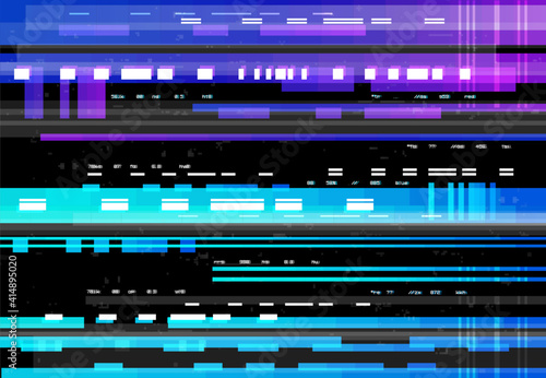 Abstract background with glitch effect, vector glitched distortion colored horizontal stripes, numbers and random pixels on black screen. Television distorted glitch video effect, no signal TV frame