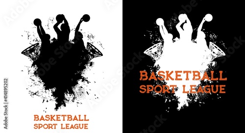 Basketball league players and ball in basket hoop, sport team club vector poster. Basketball league championship and tournament, silhouette of players shooting ball in basket hoop, splash background