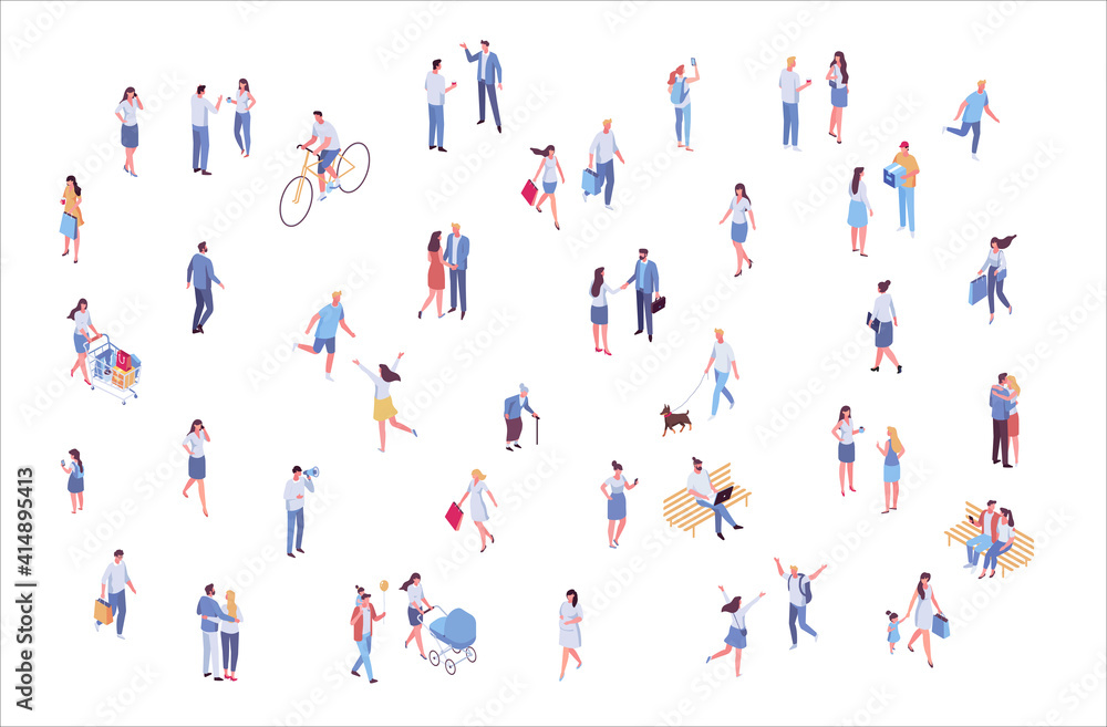 Isometric vector background people. City street, park. Different people walking outdoor, riding bicycle, sitting on bench, walking with friends, pets. Family together. Flat vector isolated. Isometric vector background people. City street, park. Different people walking outdoor, riding bicycle, sitting on bench, walking with friends, pets. Family together. Flat vector isolated.
