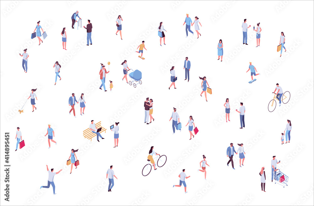Isometric vector background people. City street, park. Different people walking outdoor, riding bicycle, sitting on bench, walking with friends, pets. Family together. Flat vector isolated.