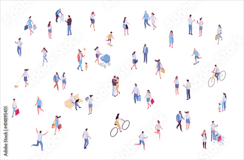 Isometric vector background people. City street, park. Different people walking outdoor, riding bicycle, sitting on bench, walking with friends, pets. Family together. Flat vector isolated.