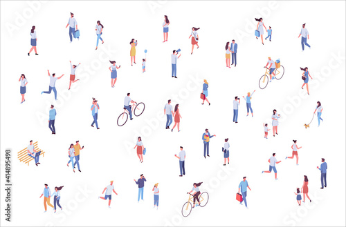 Isometric vector background people. City street, park. Different people walking outdoor, riding bicycle, sitting on bench, walking with friends, pets. Family together. Flat vector isolated.