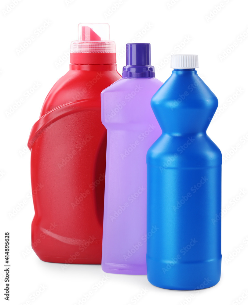 Bottles of different cleaning products isolated on white Bottles of different cleaning products isolated on white