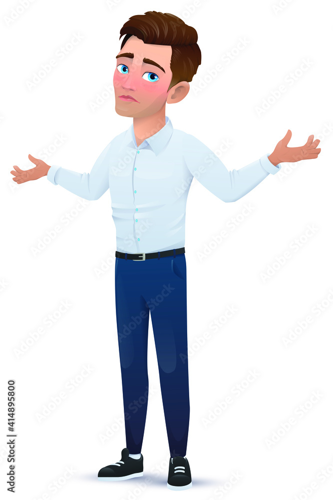 Man in cartoon style, isolated on white background. Guy waving his hands, office worker businessman. Vector illustration Man in cartoon style, isolated on white background. Guy waving his hands, office worker businessman. Vector illustration
