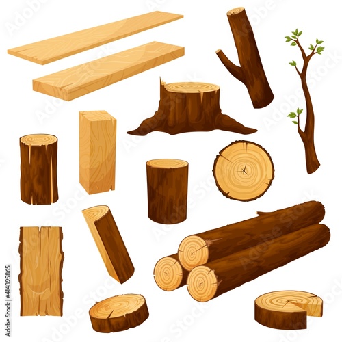 Tree stump, timber materials and wooden logs. Wooden plank, beam and billet, tree branch with leaves and cutted wood piece, firewood chunk cartoon vector. Natural lumber, carpentry materials set